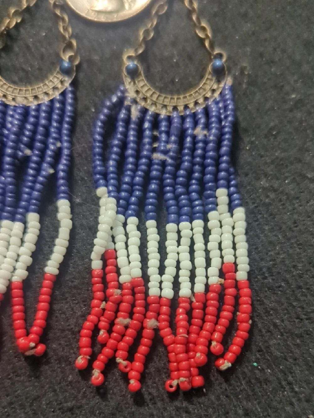 Vintage Bronze Tone Red White Blue Beaded Fringe Dangle Statement Earrings